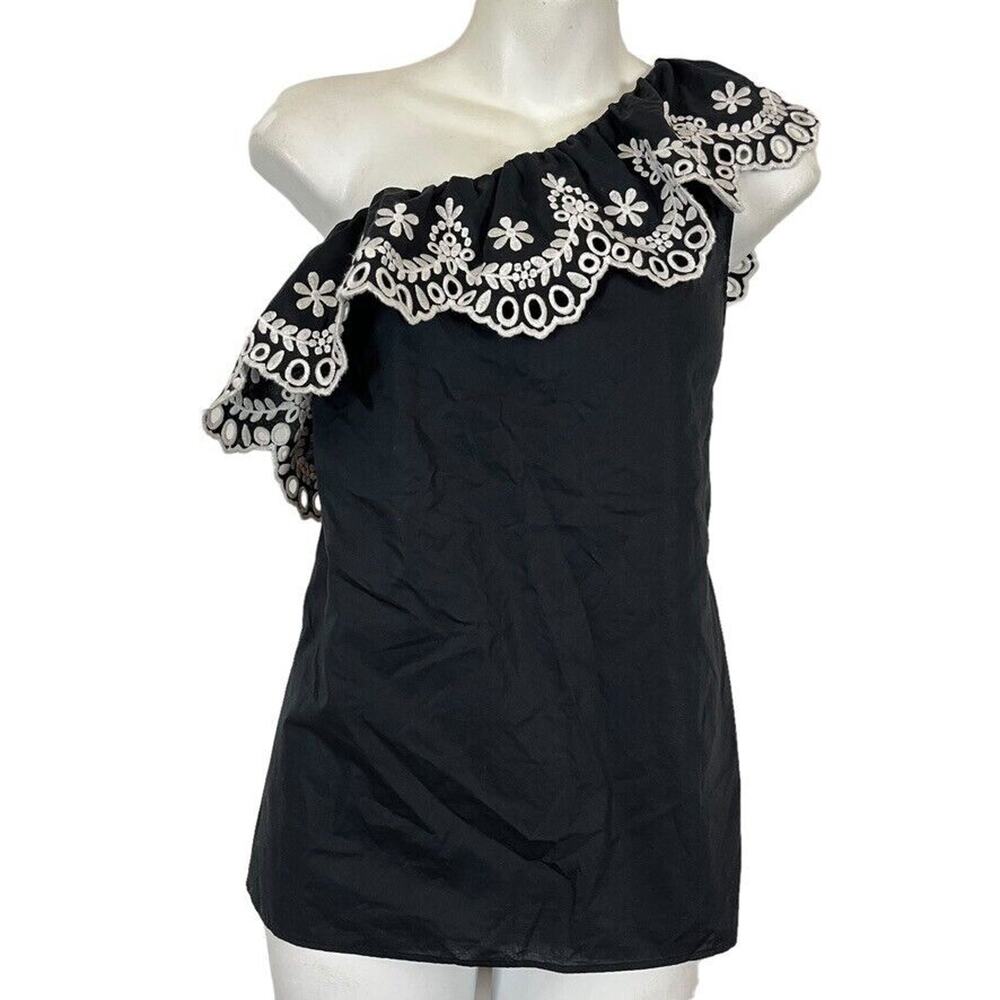 Kate Spade New York Womens Navy Ruffle Embroidered Eyelet One Shoulder Top sz S